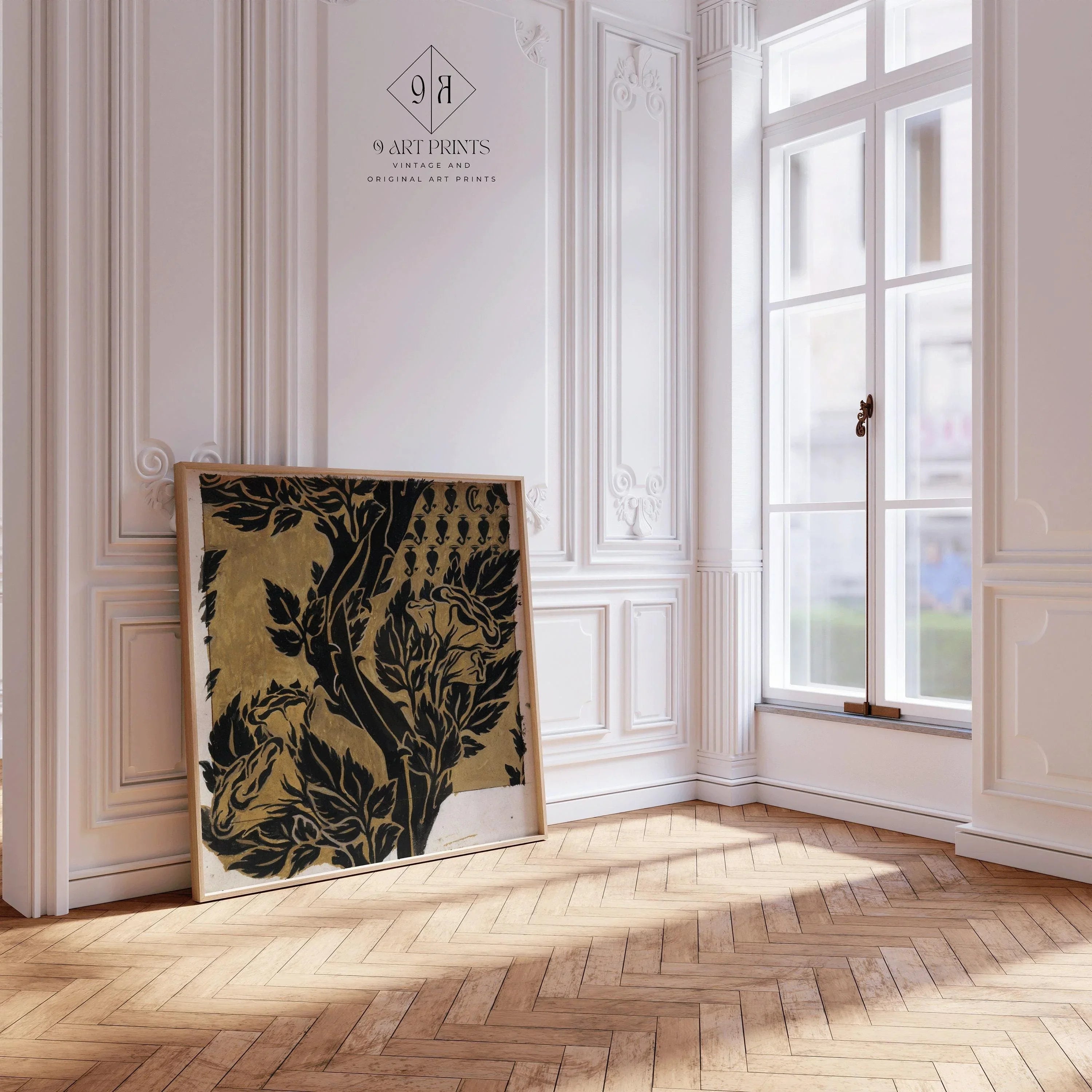 William Morris Botanical Art Print: Black on Gold Vintage Pattern (1x1) - 9ArtPrints