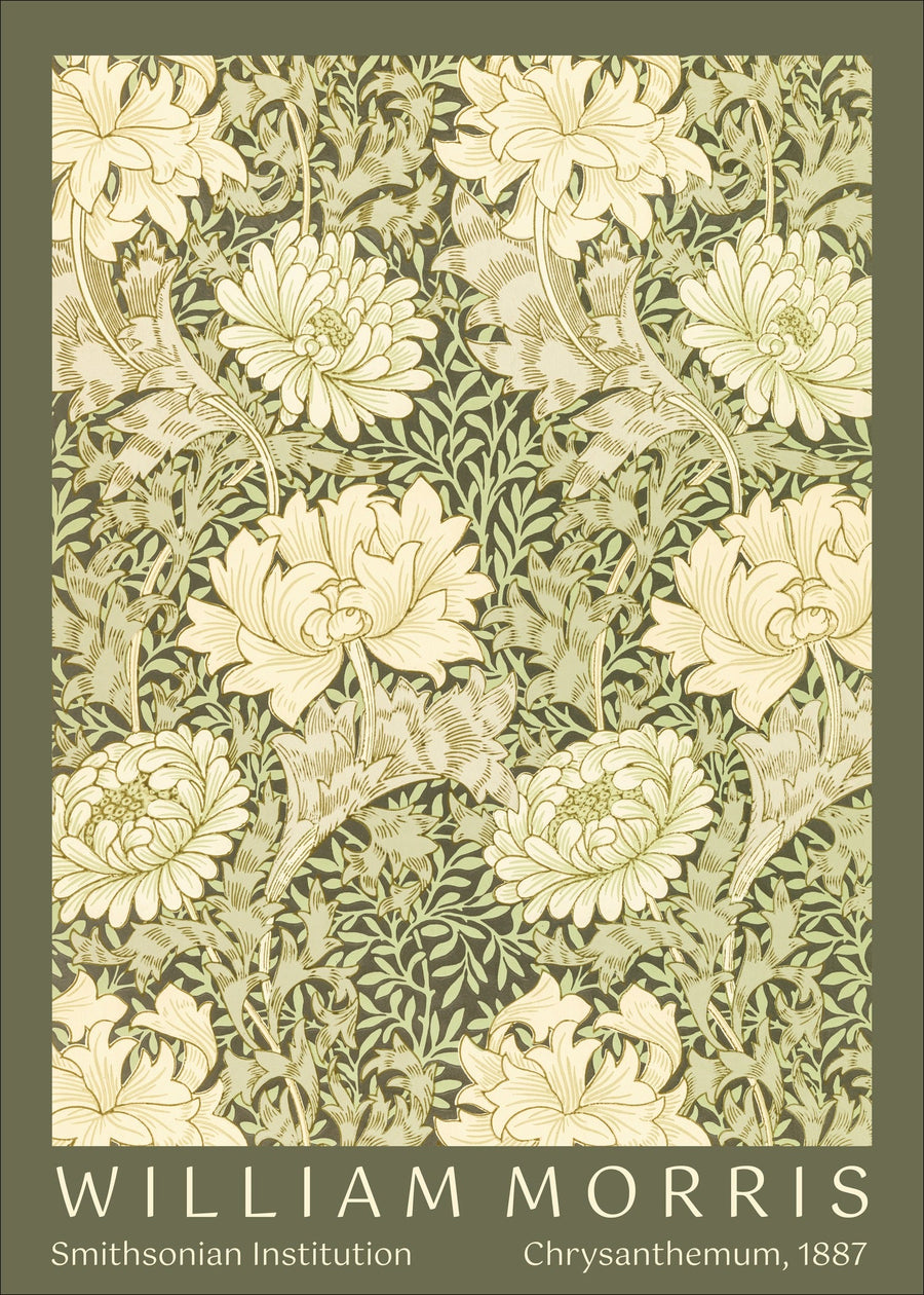 William Morris — Chrysanthemum | Botanical Art Print shown to scale on a wall above a sofa
