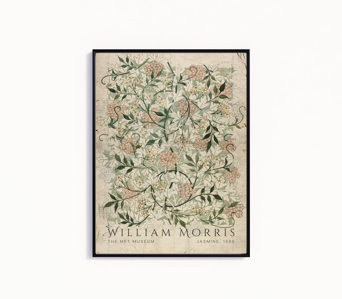Framed art print of Jasmine by William Morris, in a slim black frame on a plain white wall
