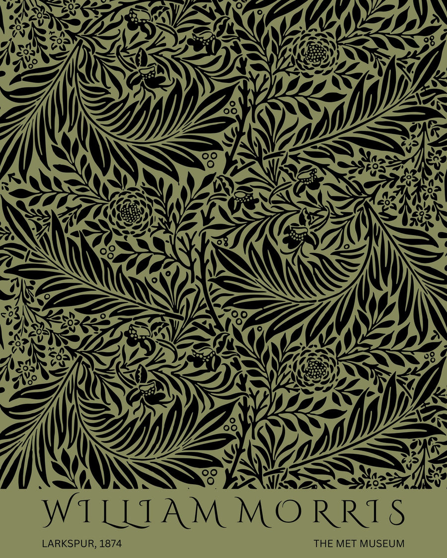 William Morris — Larkspur (Green) | Botanical Art Print shown to scale on a wall above a sofa