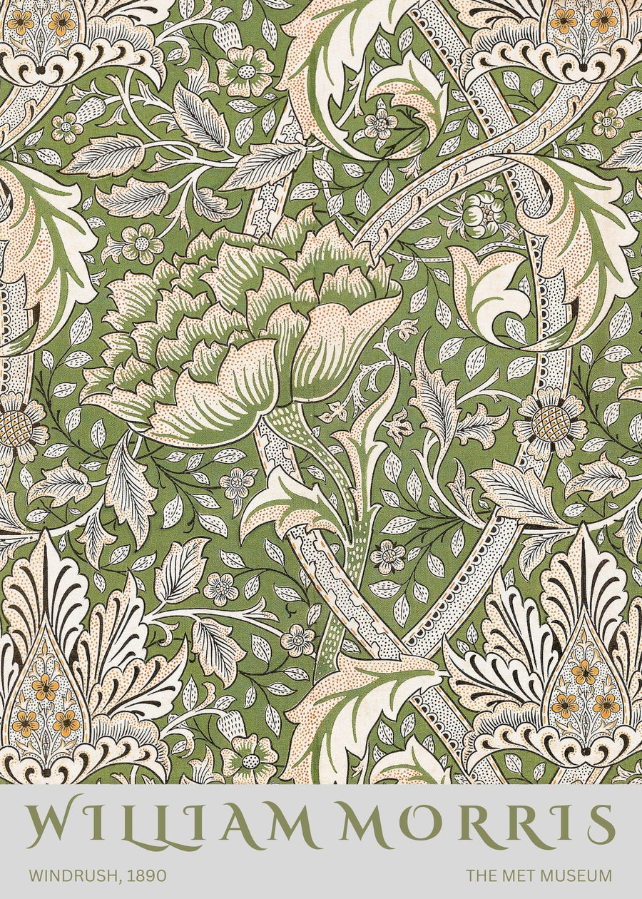 William Morris — Windrush | Botanical Art Print shown to scale on a wall above a sofa