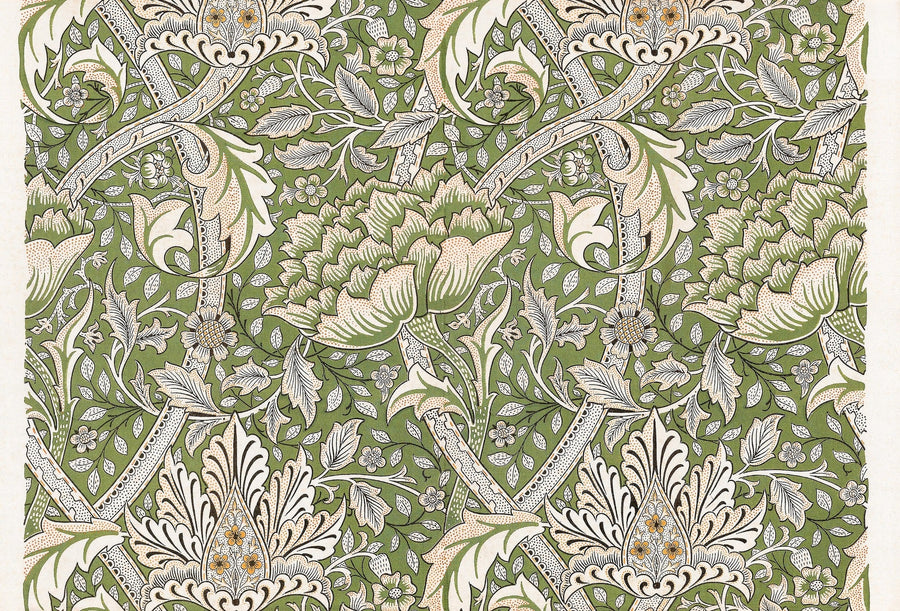 William Morris — Windrush (Sage Green) | Botanical Art Print shown to scale on a wall above a sofa