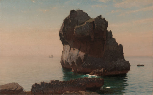 Capri by William Stanley Haseltine — A dark sea stack standing in glassy water under an apricot sky