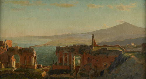 Mt. Aetna by William Stanley Haseltine — A bare cone trailing smoke above a hazy bay and brick ruins
