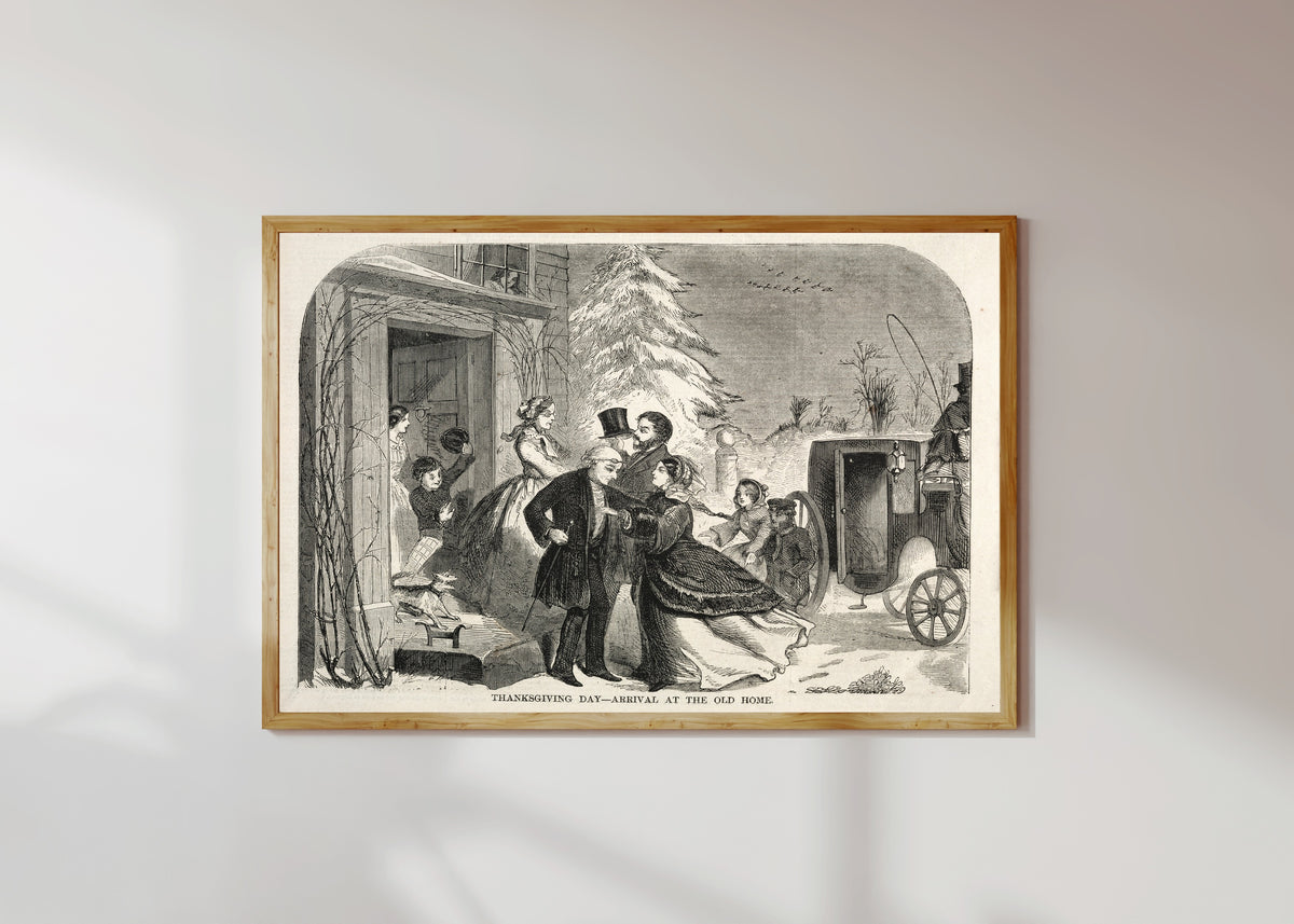 Framed art print of Thanksgiving Day: Arrival at the Old Home by Winslow Homer, in a light wood frame on a sunlit white wall