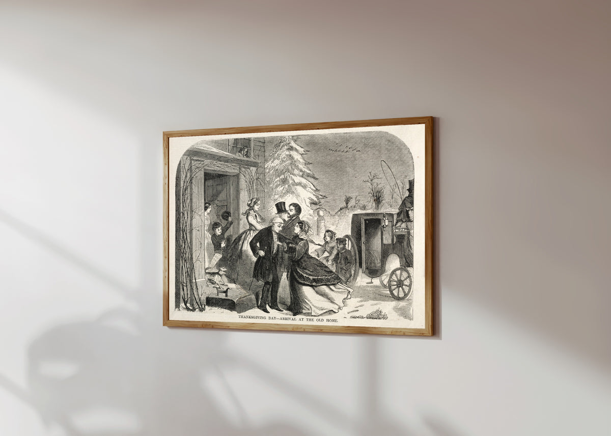 Framed art print of Thanksgiving Day: Arrival at the Old Home by Winslow Homer, in a light wood frame on a sunlit white wall, seen at a slight angle