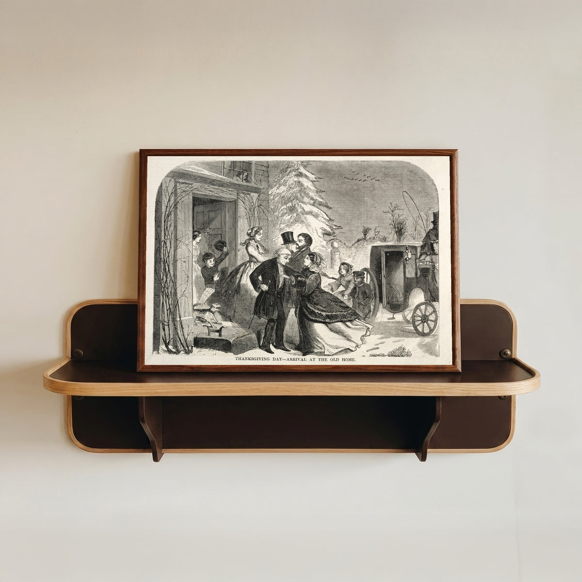Framed art print of Thanksgiving Day: Arrival at the Old Home by Winslow Homer, in a dark wood frame resting on a wall shelf