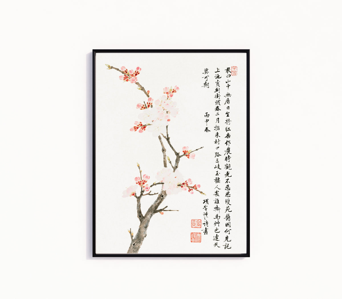 Framed art print of Cherry Blossoms with Poem by Xiang Shengmo, in a slim black frame on a plain white wall