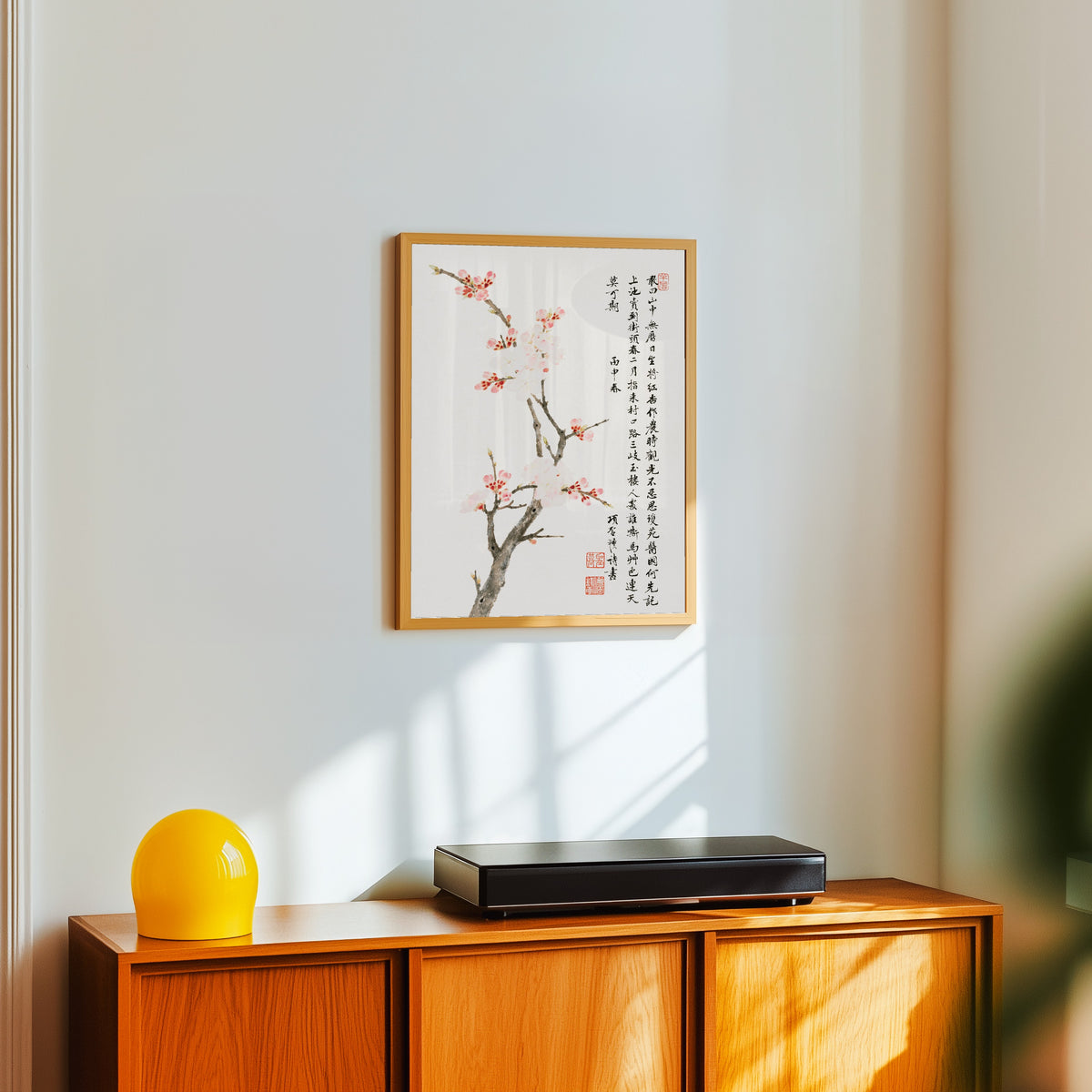 Framed art print of Cherry Blossoms with Poem by Xiang Shengmo, in a light wood frame on a white wall above an orange sideboard