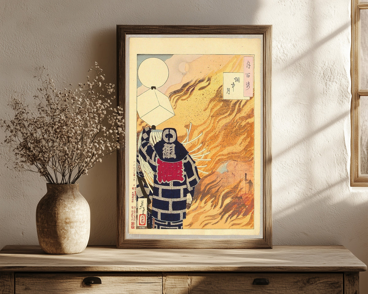 Framed art print of Moon and Smoke by Tsukioka Yoshitoshi, in a dark wood frame leaning on a rustic console beside dried flowers
