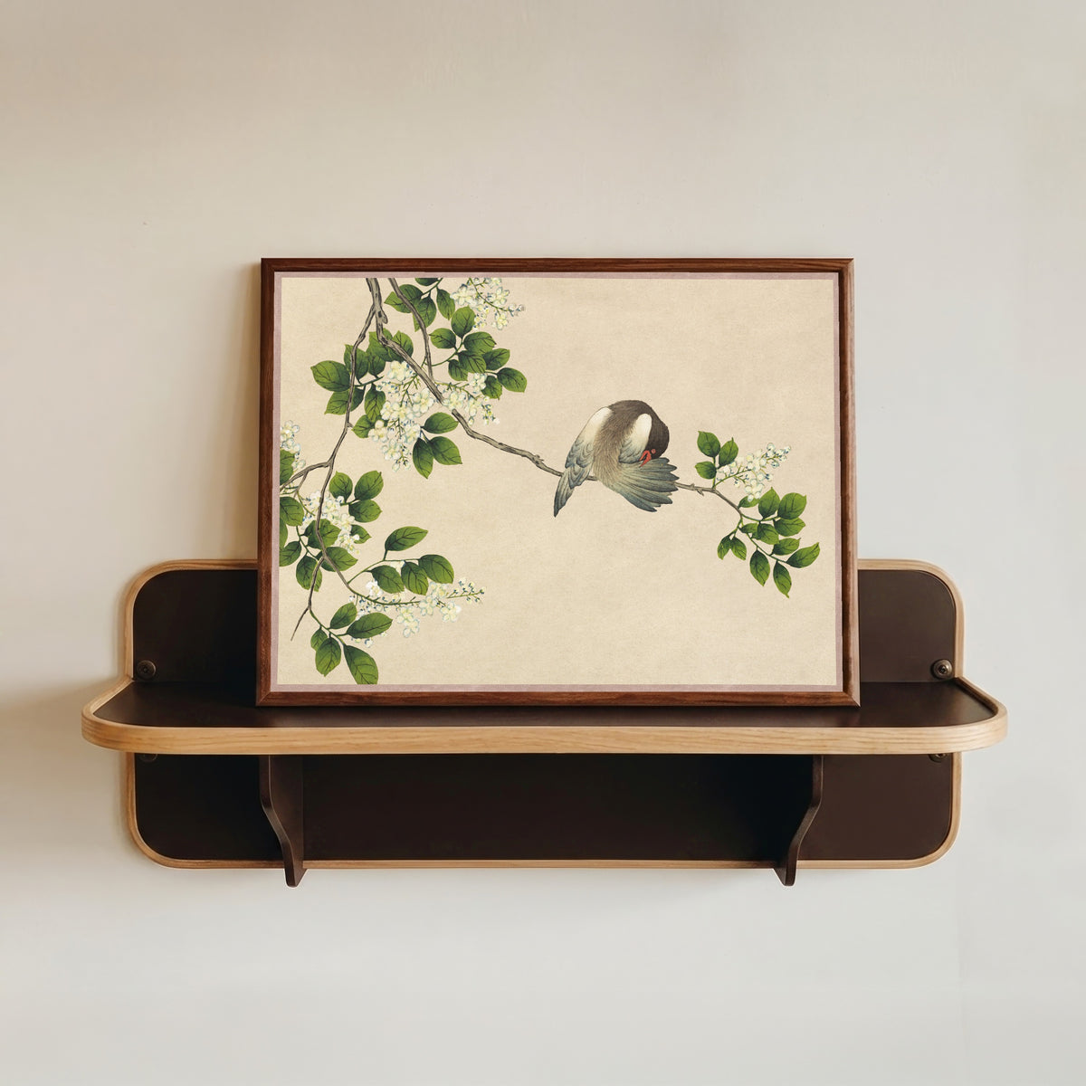 Framed art print of Desk Album: Flower and Bird Paintings (Preening Bird) by Zhang Ruoai, in a dark wood frame resting on a wall shelf